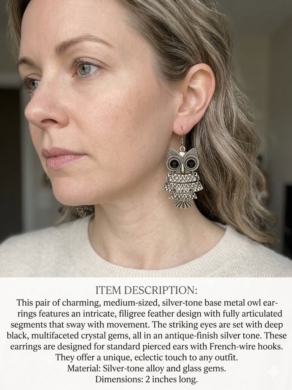 Silver-Tone Owl Drop Earrings - Black Eye Accent